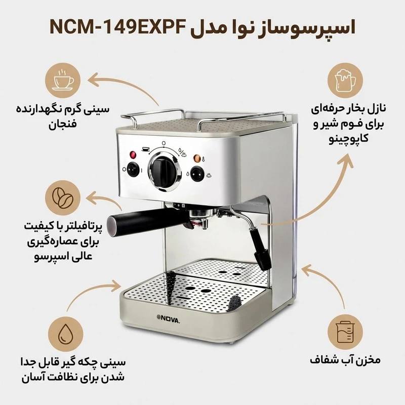اسپرسوساز خانگی 1200 میلی‌لیتری نوا مدل NCM-149EXPF